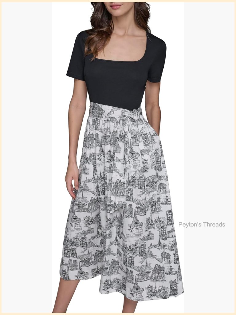 Square Neck Short Sleeve Bow Midi Dress - Flattering Fit